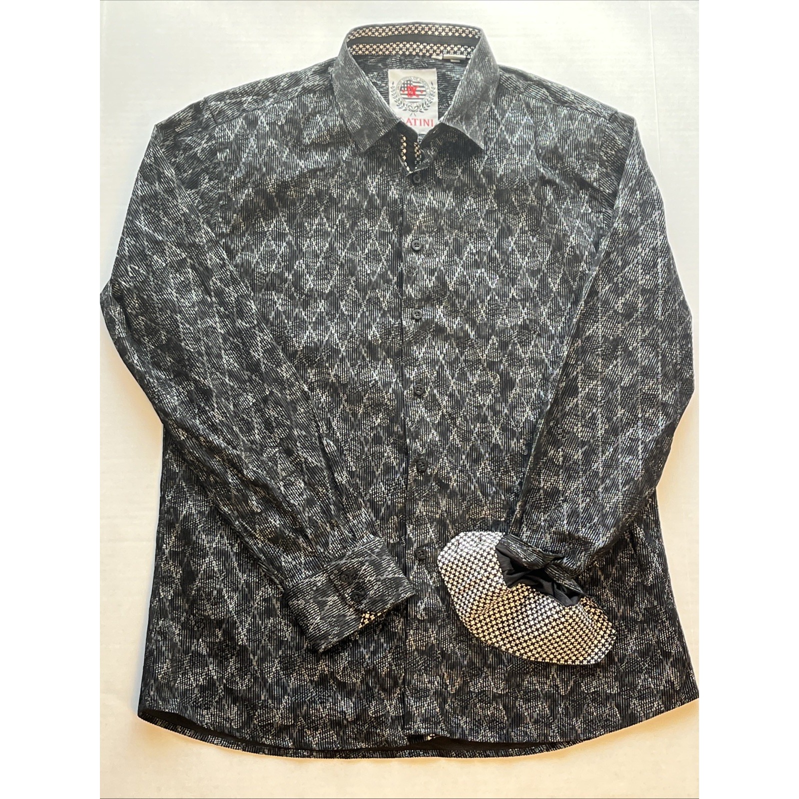 Platini Mens Button Down Shirt Black Geometric Pattern Long Sleeve Size M